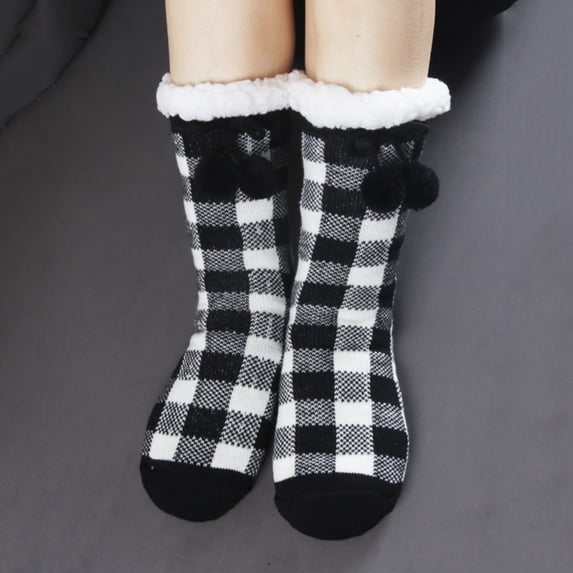 Ajshakl Fuzzy Socks For Women, Autumn Winter Christmas Black Red Plaid Pattern Plush Insulation Anti Slip Floor Socks, Black