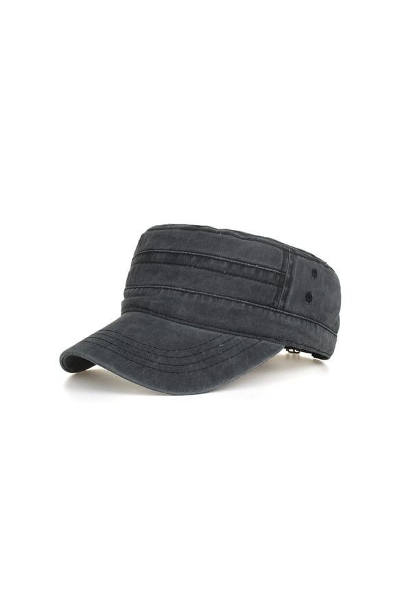 Mens Hats, Washed Cotton Military Caps Cadet Unique Design Vintage Flat Top Cap, Black