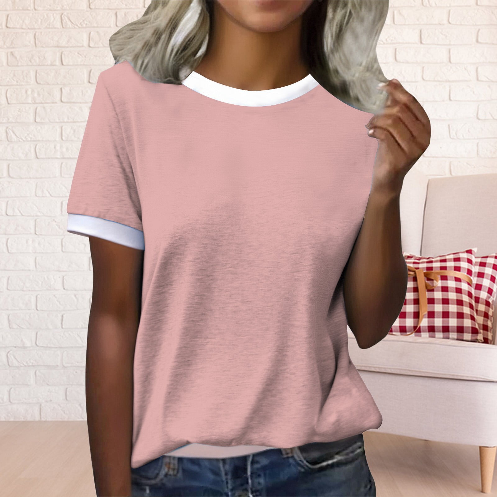 Ajshakl Pink Crew Neck Casual Womens Tops, Spring Round Neck Color ...