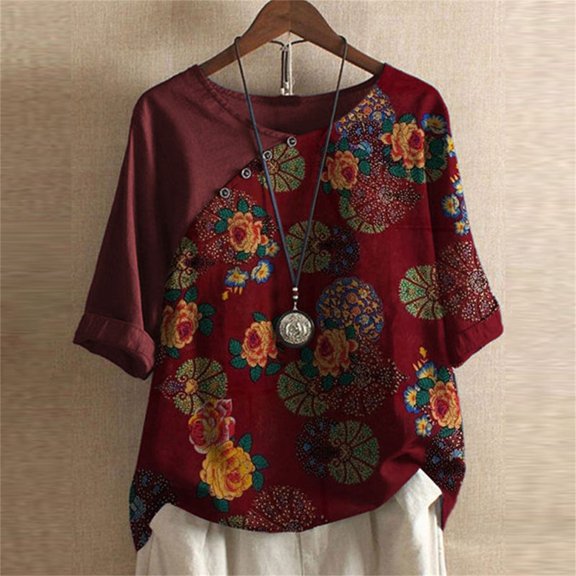 Ajshakl Red Crew Neck Casual Oversized Tshirts for Women, Floral Print Casual Half Sleeve Round Neck Loose Buttoned Cotton and Linen Top