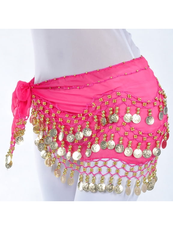 Womens Belt, Chiffon Belly Dance Hip Scarf Wrap Belt Tribal Sash Skirt Silver 128 Coins, Pink