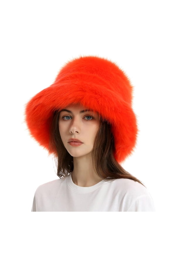 Womens Hats, Fuzzy Bucket Hat Fashion Warm Winter Fluffy Furry Plush Faux Hats Fishing For Women 2024, Orange