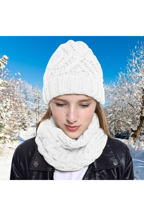 Wool Scarf Women, Women'S Winter Hat Slouchy Beanie Snow Knit Skull Cap With Circle Scarves, White