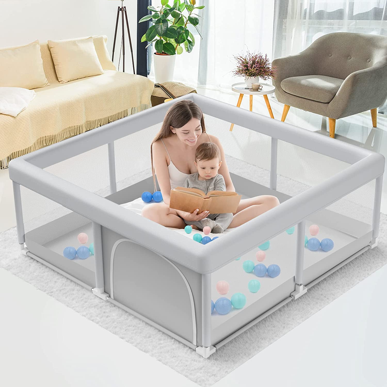YAZOCO Laufstall Baby 128x128cm - Mobiler Spielzaun Mit Mesh & Reißverschlusstür