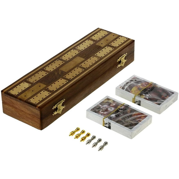 Ajuny 10 inch Wooden Cribbage Board Game with 6 Metal Pegs and 2 Deck of Cards