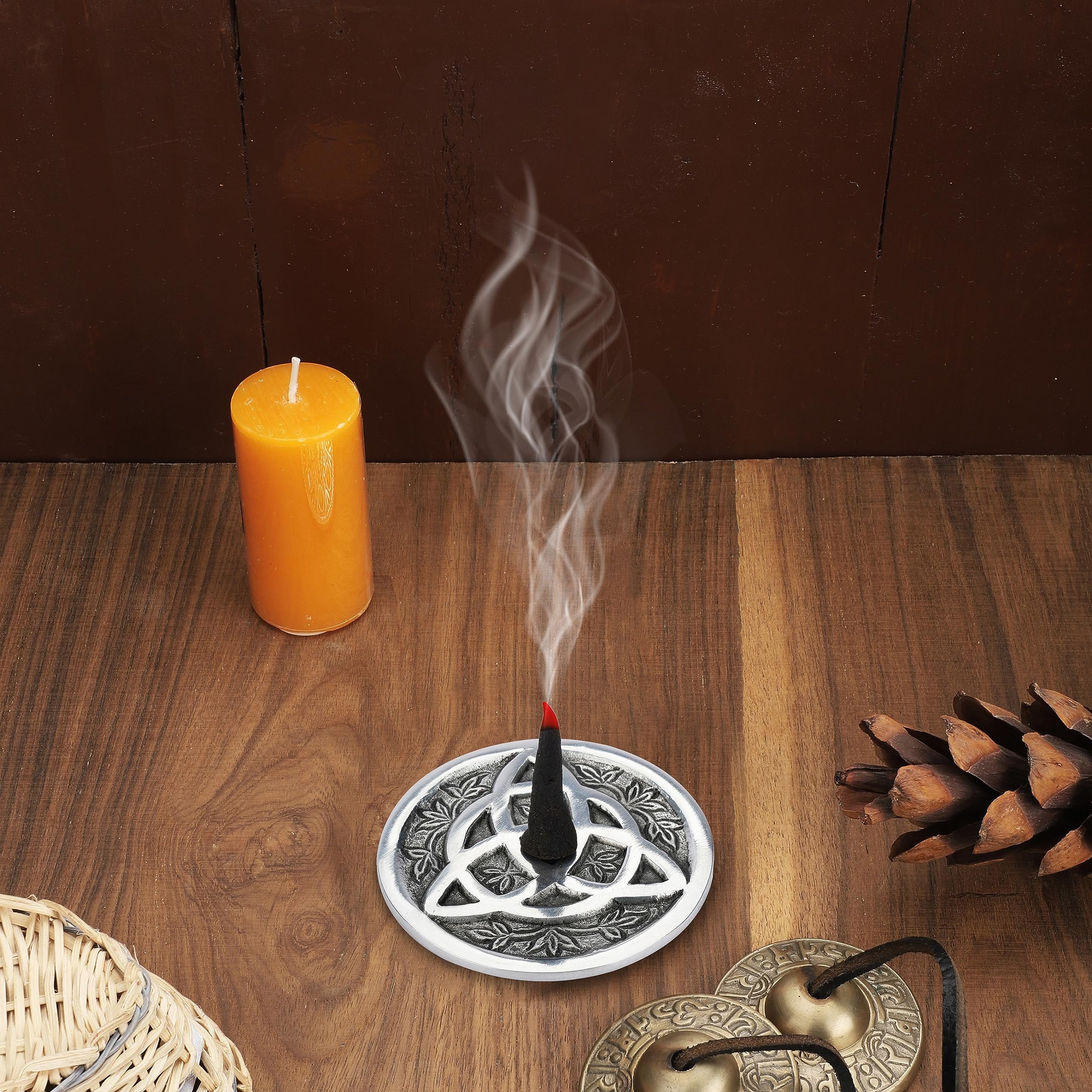 Ajuny Aluminum Round Incense Cone Burner Votive Pillar Holder Ash Catcher Silver Finish Tibetan Style Flower Design Meditation Accessories Spiritual Home Decor Fragrance 8.7cm