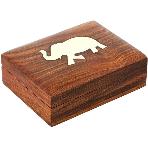 Ajuny Beautiful Indian Handmade Wooden Jewelry And Cigarettes Case Holder Elephant Brass Inlay Brown 4.5"