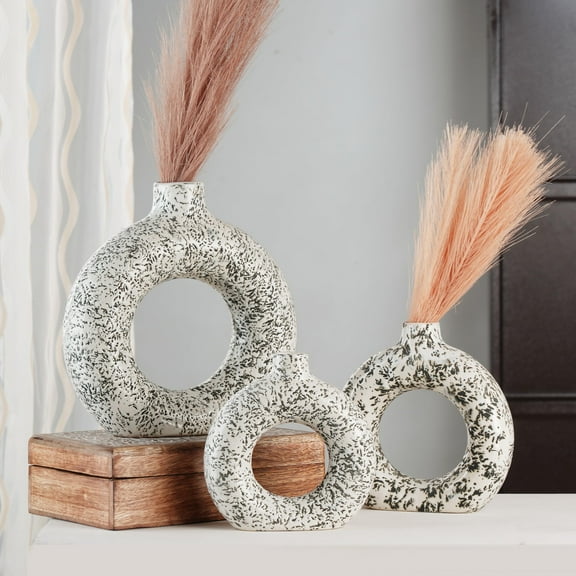 Ajuny Donut Vase Set of 3 White & Grey Ceramic Hollow Vases for Pampas Grass, Modern Boho Home Decor, Table Centerpiece, Wedding, Living Room, Office, Bedroom (8", 6", 4")