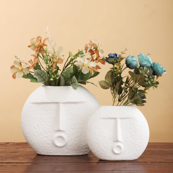 Ajuny Face Vase Set of 2 White Ceramic Vases, Decorative Abstract Face Design for Wall, Bedroom, Modern Farmhouse Accent, Living Room, Coffee Table, Office