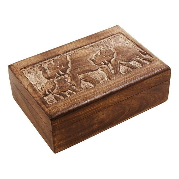 Ajuny Handcrafted Wooden Jewelry Storage Box Elephant Motif Vintage Keepsake Treasure Chest Trinket Holder 10x7 inch