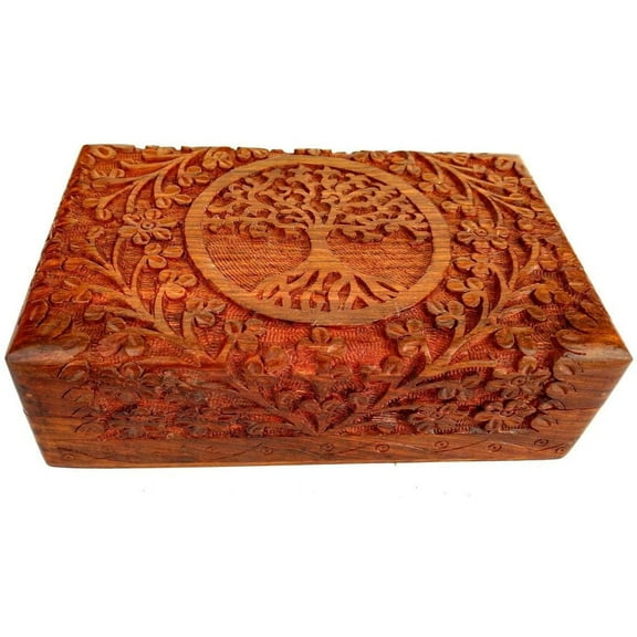Ajuny Handcarved Wooden Decorative Treasure Chest Box 8 x 5 Inch Brown Tree Of Life Pattern - Multipurpose Use As Jewelry Storage, Watch Box, Great for Gifts