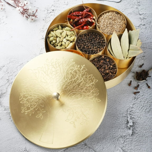 Ajuny Handcrafted Brass Spice Box 8 Inch Golden with Embossed Lid - Decorative Round Masala Canister 7 Removable Spice Storage Containers and 1 Designer Spoon Ideal for Seasonings & Herbs