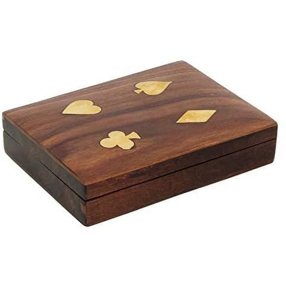 Ajuny Wood Handmade Double Deck Playing Cards Holder Storage Box with Brass Inlay Design