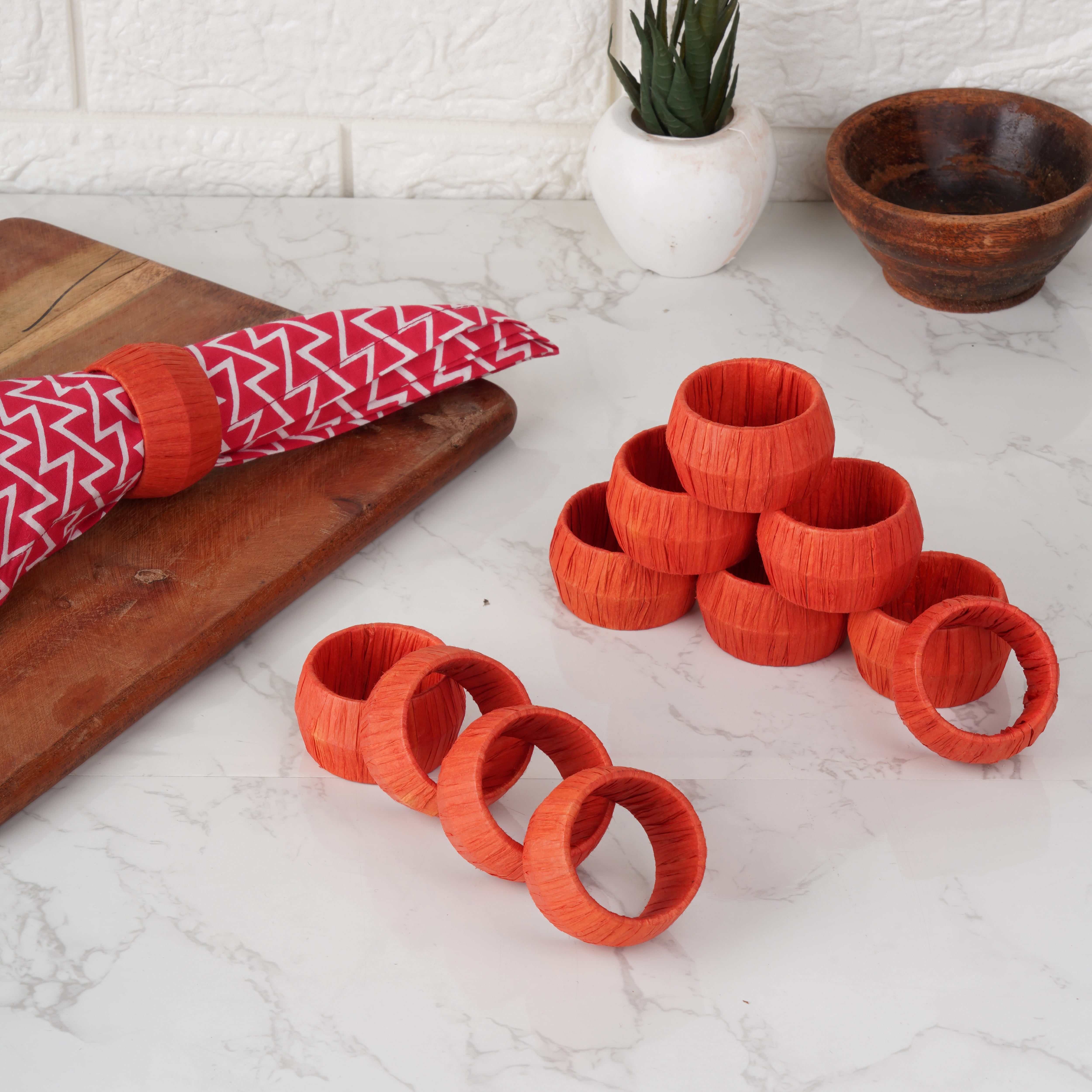 Ajuny Handmade Raffia Rattan Orange Napkin Rings 1.5" Set of 12