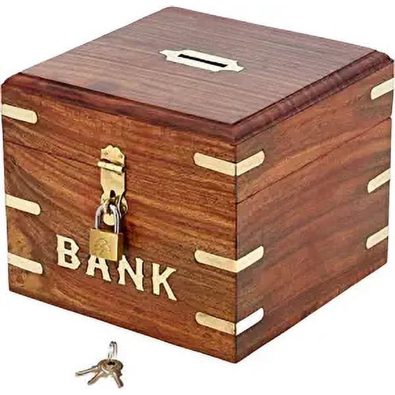 Ajuny Premium Indian Vinatge Wooden Square Piggy Bank Size 6x6"