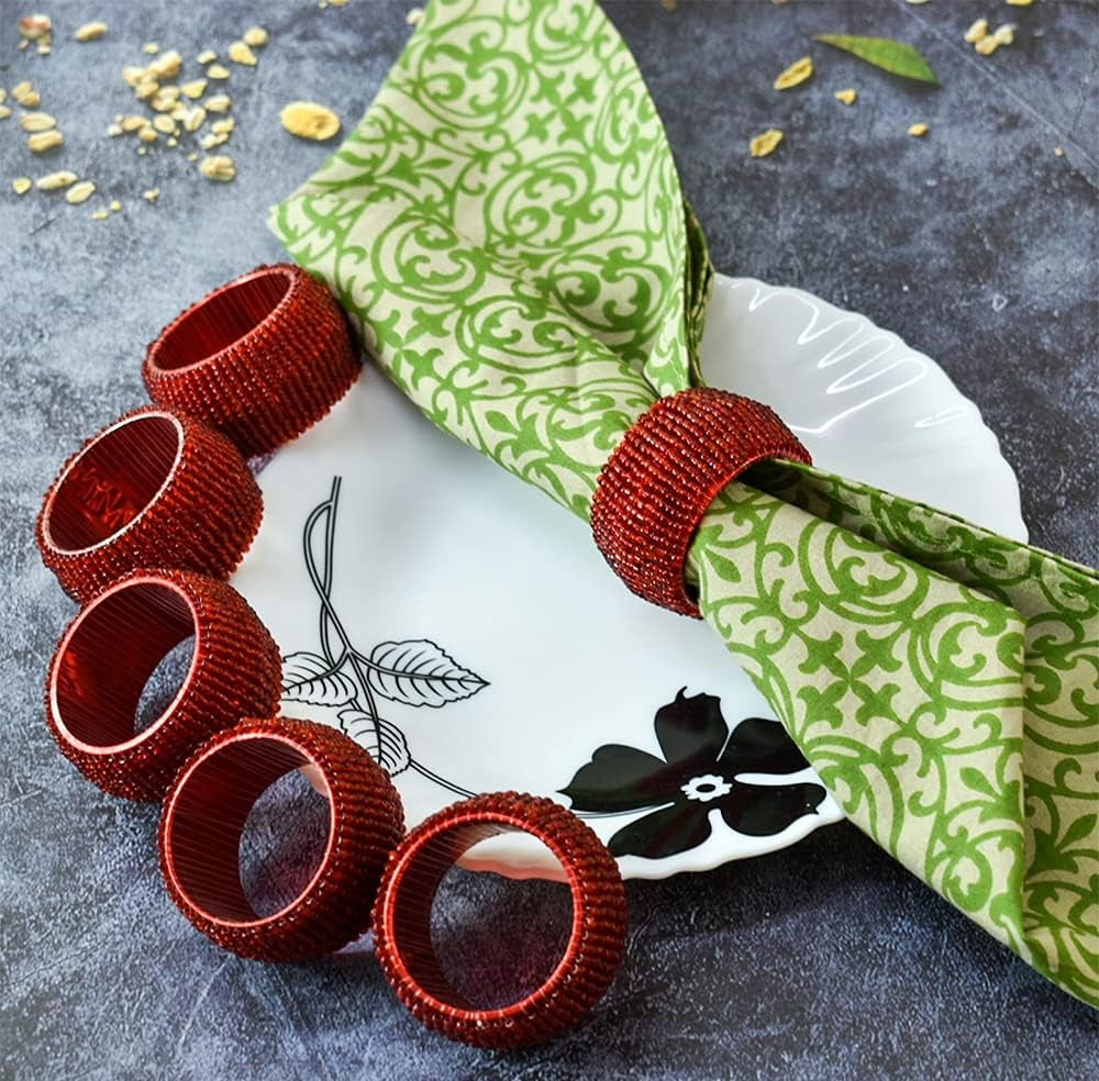 Ajuny Round Handcrafted Red Beaded Napkin Rings Holder Decorative Party