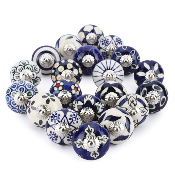 Ajuny Set of 20 Ceramic Knobs Blue White Hand Painted for Dresser Drawers Chest Cupboard Cabinet Handles Pull Knob