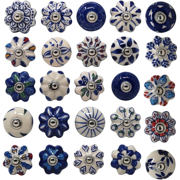 Ajuny Set of 25 Ceramic Knobs Blue for Cupboard Drawer Door and Furniture Pulls Handpainted Kitchen Cabinet Handles Pull Knob