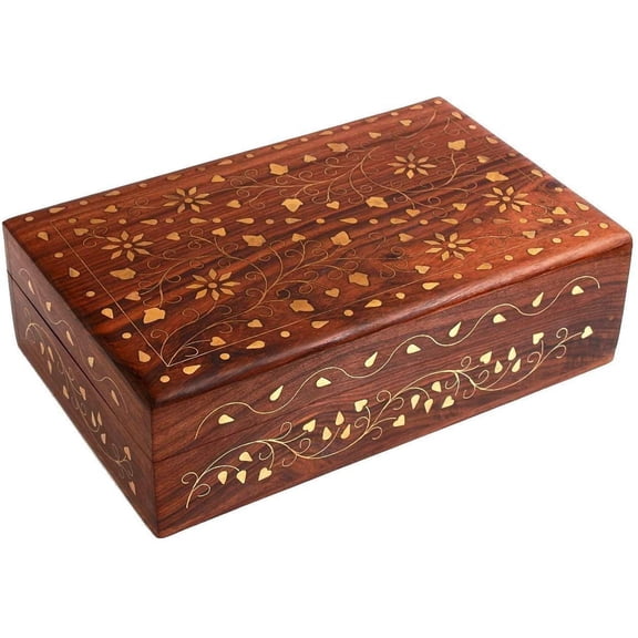 Ajuny Wood Keepsake Jewellery Trinket Storage Box Organiser Floral Brass Inlay Gift For Women