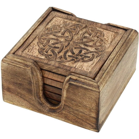 "Ajuny Wooden 6-Piece Set: Brown Celtic Design Drinks Coasters with Holder"