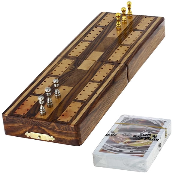 Ajuny Wooden Cribbage Board Game Set, with Metal Pegs and Cards Traditonal Tabletop Games Best Gift 5 inch