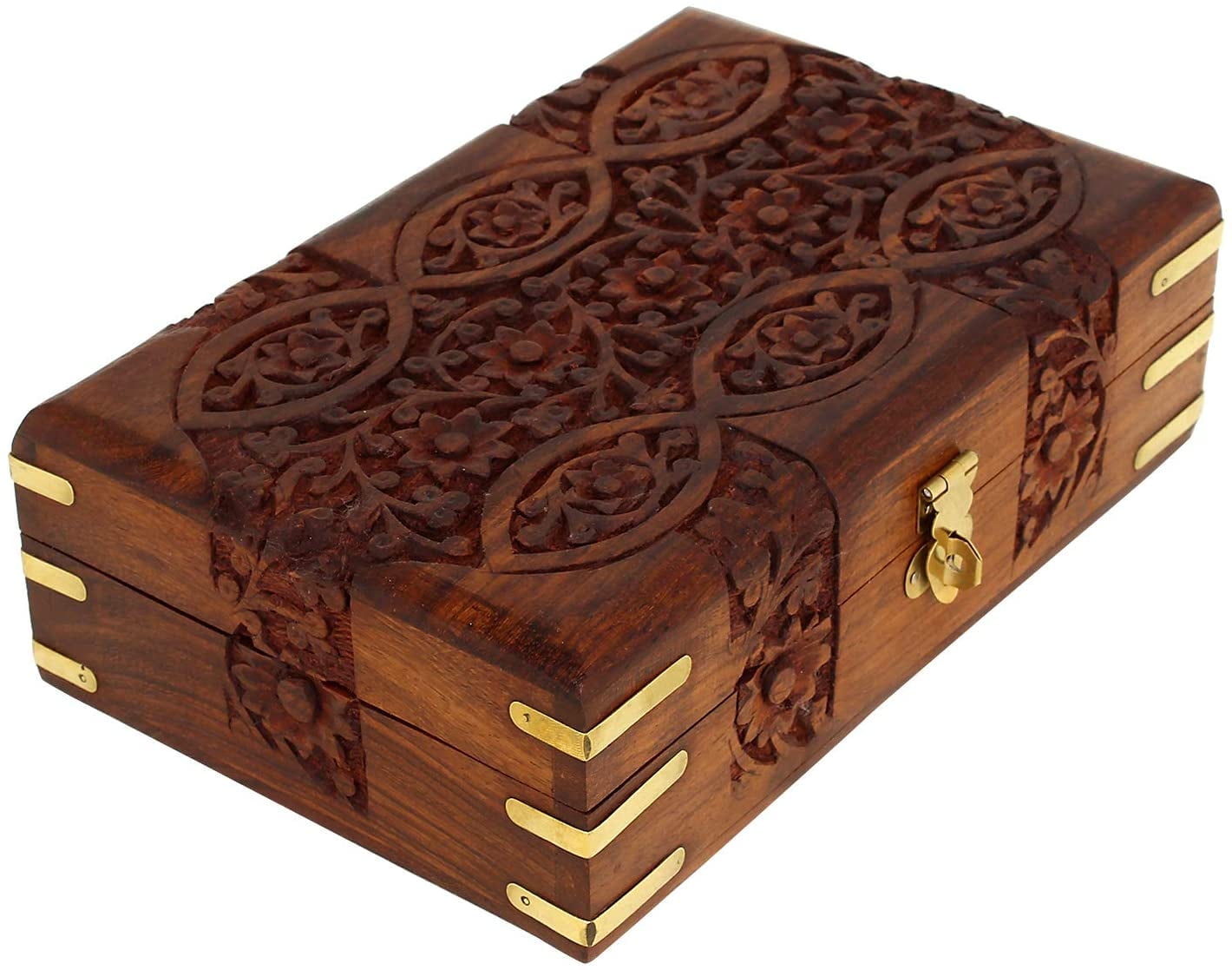 Ajuny Wooden Hand Carved Decorative Floral Carvings Jewelry Storage Organiser Multipurpose Trinket Keepsake Jewellery Box 8x5 inch