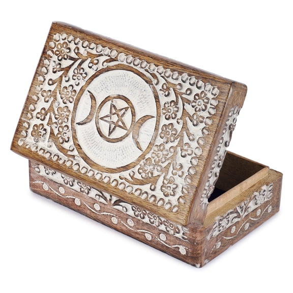 Ajuny Wooden Hand Carved Decorative Jewelry Storage Box with Moon Star Flower Carvings