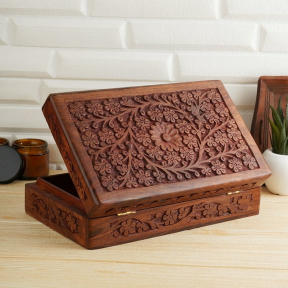 Ajuny Wooden Handcarved Decorative Jewelry Storage Box Flower Design Multipurpose Treasure Chest Keepsake Boxes Gifts 8x5 inch