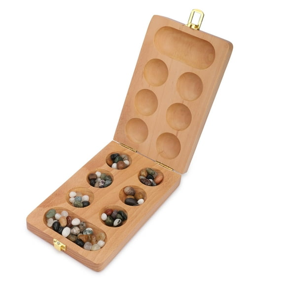 Ajuny Wooden Mancala Board Game Set Classic Board Games, Portable Folding Travel Mancala Board with Marbles (48+32 Stones), Ideal Family Wooden Games for Adults & Kids