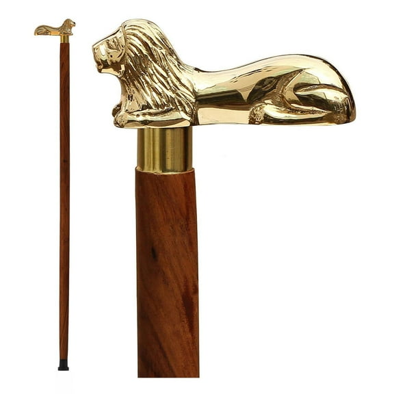 Ajuny Wooden Walking Cane Stick for Men Women Seniors with Detachable Lion Brass Handle Folding Decorative Canes Rubber Tip 36 inch
