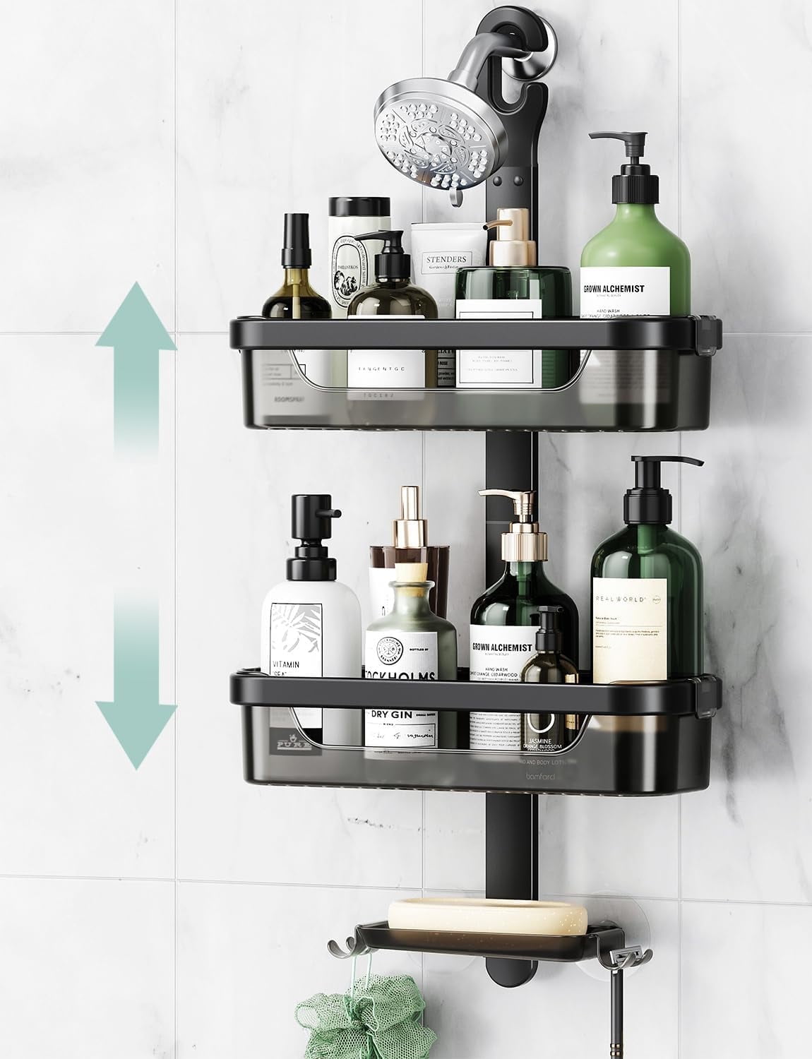 Black Adjustable 3-Tier Aluminum Shower Caddy with Suction Mount