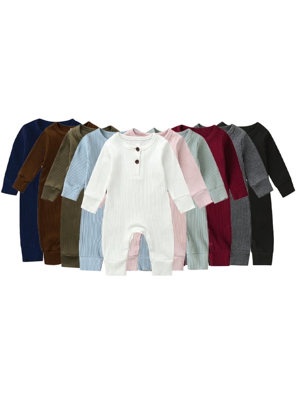 Baby Boys Girls Crewneck Jumpsuits for Newborn Solid Color Long Sleeve Romper Bodysuit Spring Fall Onesies Pajamas 0-18M