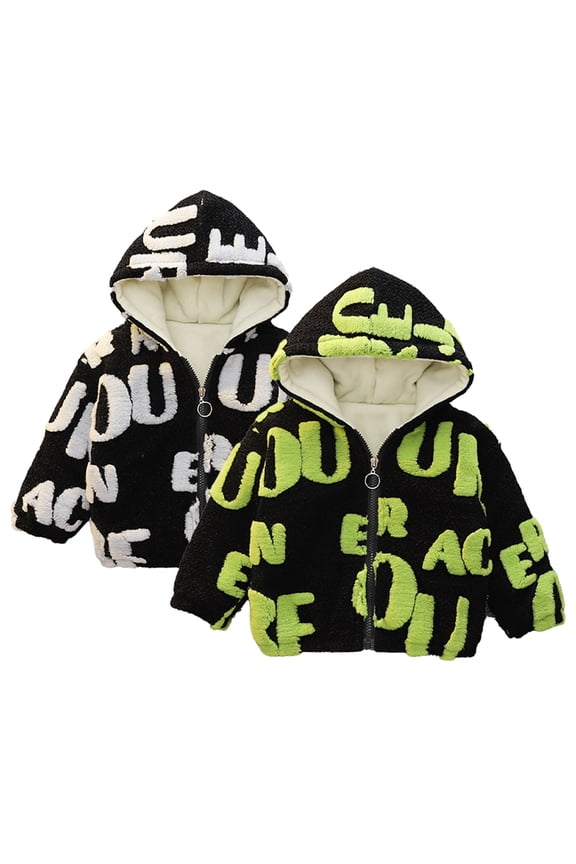 Baby Boys Winter Plush Warm Outwear Toddler Autumn Thick Plush Full Print Monogrammed Coats Hooded Fuzzy Zipper Outerwears 9 Months-5 Years