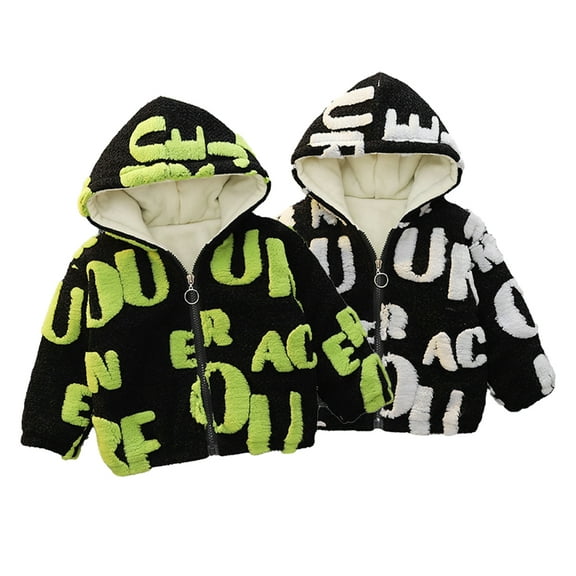 Ajziojiro Baby Boys Winter Plush Warm Outwear Toddler Autumn Thick Plush Full Print Monogrammed Coats Hooded Fuzzy Zipper Outerwears 9 Months-5 Years