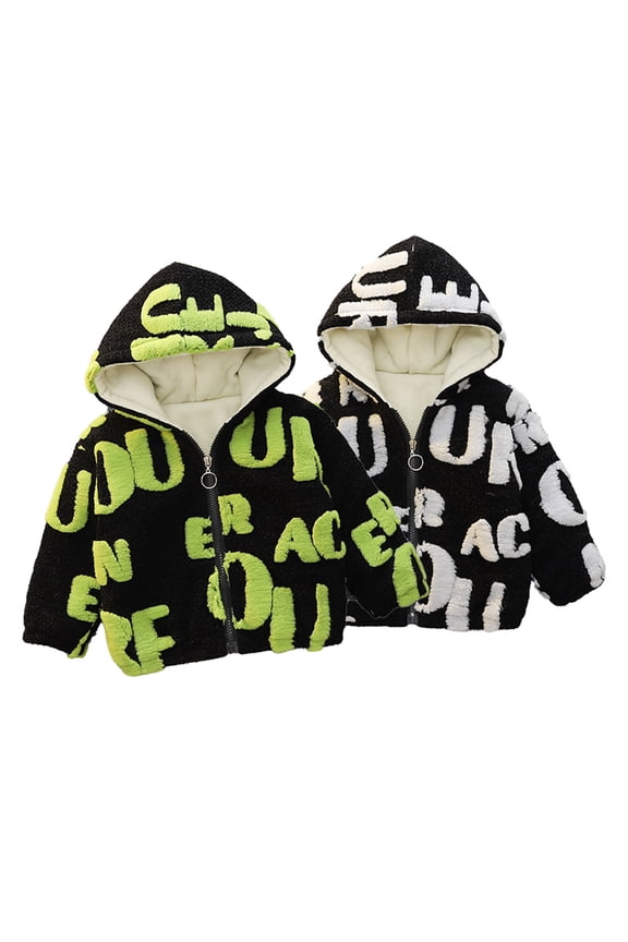 Baby Boys Winter Plush Warm Outwear Toddler Autumn Thick Plush Full Print Monogrammed Coats Hooded Fuzzy Zipper Outerwears 9 Months-5 Years