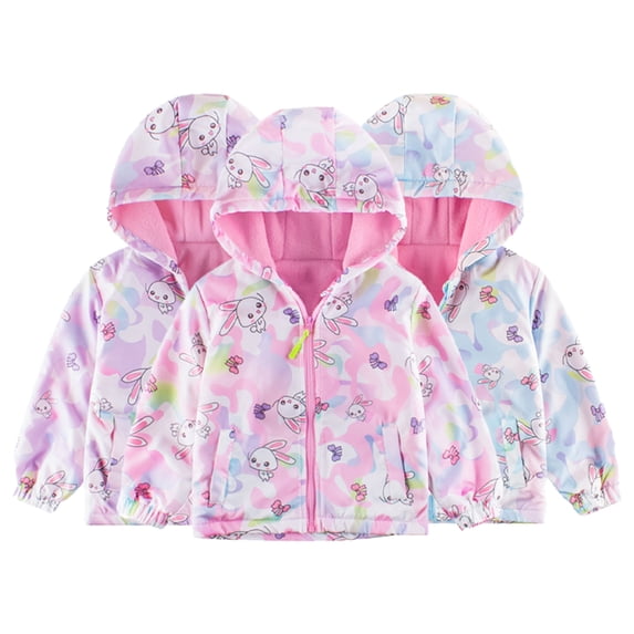 Ajziojiro Toddler Girls Fleece Punching Jacket with Hooded Kids Girls Baby Printed Coats for Fall Winter Spring Double Layer Jacket Outerwear 2-8 Years