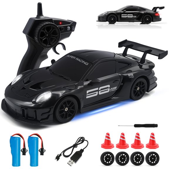 Aka Supaku RC Drift Car, 1:24 4WD Remote Cars Vehicle with LED Light,2.4GHz 20KM/H High Speed RC Cars with Two Batteries & Drifting Tires Racing Sport Toy for Adults Boys Girls Kids Black Y101