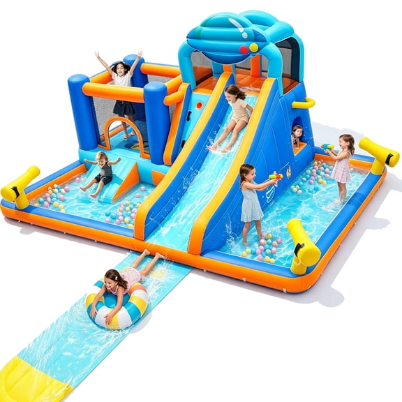 Akaber 10-in-1 Giant Inflatable Water Slide Park for Kids, 2 Min Blow Up Backyard Water Park with Large Slide, Pool, Tunnel, Bounce House, Basketball Hoop, Climbing Wall & Air Blower