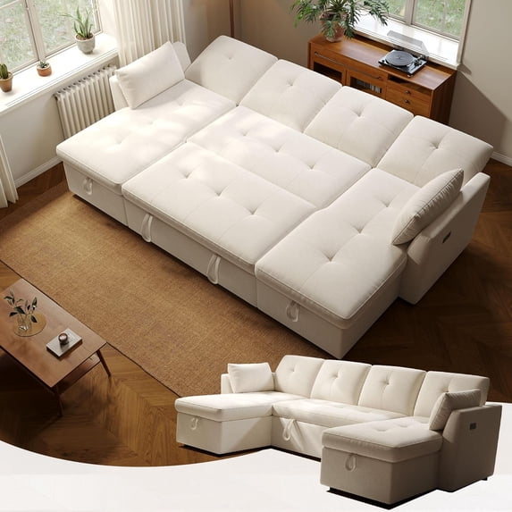 Akaber 106" Oversized Pull Out Couch Bed, Sleeper Sofa Bed for Living Room with Double Storage Chaise, USB Charging