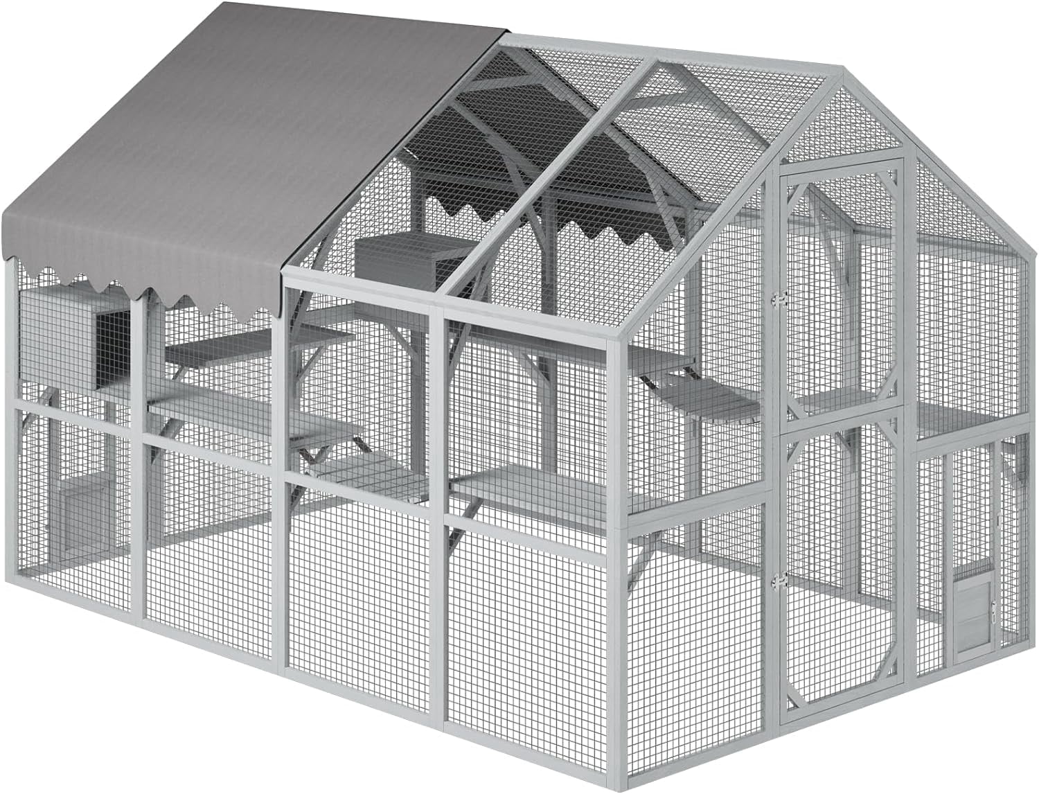 Akaber 112'' Catio Outdoor Cat Enclosure Super Large Wooden Catios for Cats Patio with Waterproof UV Protection Canopy, Outside Cat Run Enclosure Condon with Platforms, Small Houses, Bridges