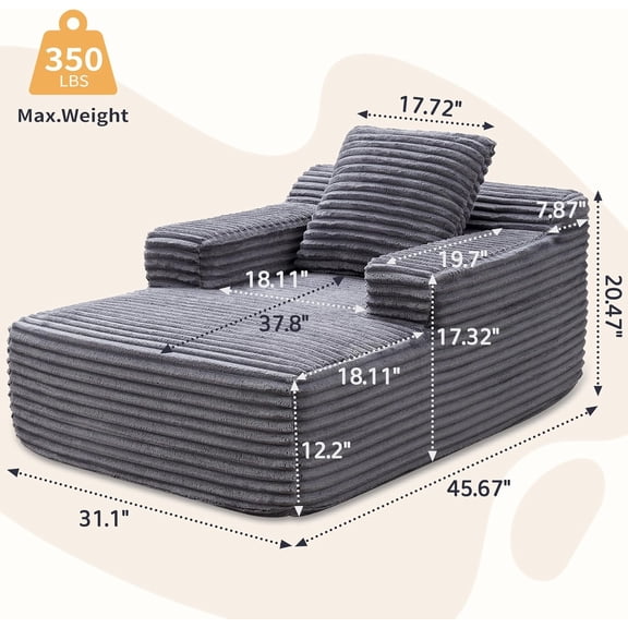 Akaber 31″W Sleeper Couch, Chaise Lounge Chair Indoor, Soft Corduroy Boneless Reading Chairs for Living Room, Bedroom, Movie Room (Grey, Small)