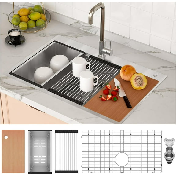 Akaber 33x22 Drop In Kitchen Sink, 9" Deep Single Bowl Kitchen Sink with Cutting Board, Colander, Roll Up Rack and More, 16 Gauge Stainless Steel Top Mount Workstation Sinks