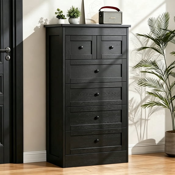 Lukstr 43.3" Tall Dresser for Bedroom, Black Wood 6 Drawer Dresser with Video Assembly Guide, Anti-Tip Kit, Storage Organizer