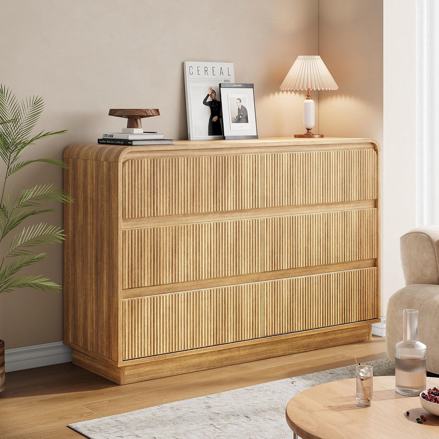 Akaber 6 Drawer Dresser for Bedroom, Fluted Tall Dresser 48" Wide  Handleless Chest of Drawers with Rounded Corners, Modern Wood Dresser,  Organizer Storage, Natural Oak - Walmart.com