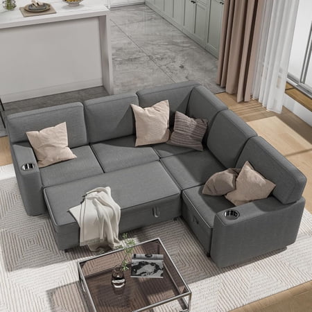Akaber Convertible Modular Sectional Sleeper Sofa with Pull Out Bed, 5-Seat L Shaped Couch Sofas with Storage for Living Room