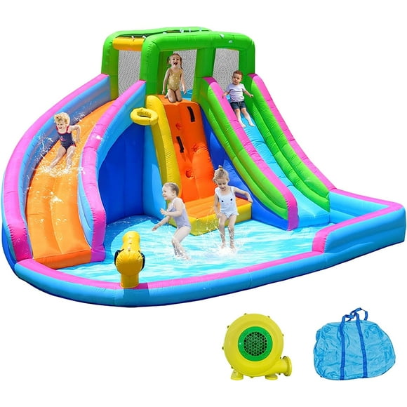 Akaber Inflatable Water Slide, 8 in 1 Water Slides Inflatables for Kids and Adults, 2 Large Water Slide with Air Blower, Splash and Deep Pool, Climbing Wall, Bounce House, Basketball Hoop
