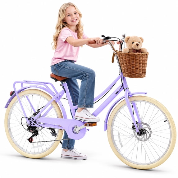 Akaber Kids Bike for Girls, 24 Inch Kids Bicycles for 6-15, 7-Speed Retro Cruiser with Rattan Basket, Lightweight Carbon Steel Frame, Dual Disc Brakes