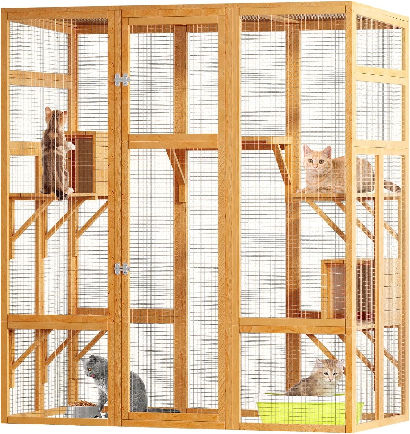 Akaber Large Outdoor Cat Enclosures with 7 Platforms & 2 Resting Rooms, Fir Wood Catio House with Waterproof UV Protection Roof, Indoor Outdoor Cat Furniture
