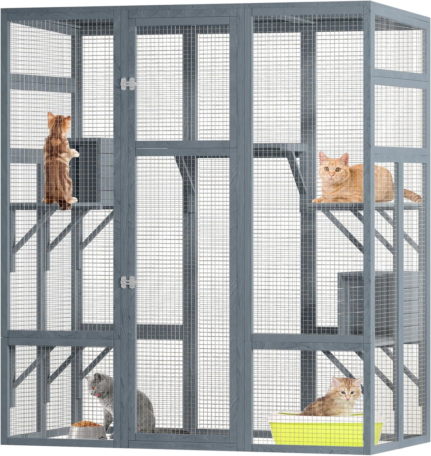 Akaber Large Outdoor Cat Enclosures with 7 Platforms & 2 Resting Rooms, Fir Wood Catio House with Waterproof UV Protection Roof, Indoor Outdoor Cat Furniture