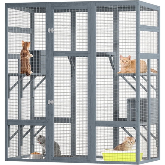 Akaber Large Outdoor Cat Enclosures with 7 Platforms & 2 Resting Rooms, Fir Wood Catio House with Waterproof UV Protection Roof, Indoor Outdoor Cat Furniture